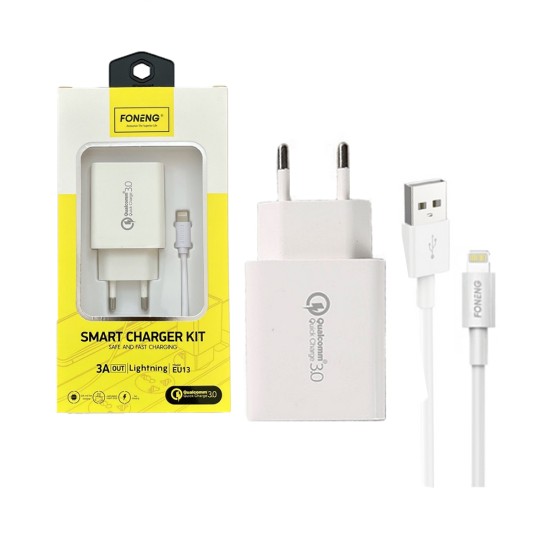 Carregador Rápido Foneng EU13 com Relâmpago Cabo 1USB 3A Branco